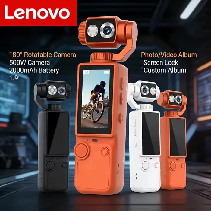 Caméra portable sportive Lenovo HD Wi-Fi, mini enregistreur de conduite pour vélo, avec lumière d'appoint intégrée pour vlogging et sports