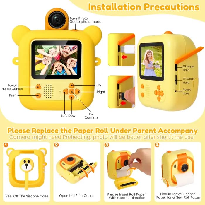 Appareil photo instantané pour enfants, 7 feuilles de papier photo, écran 2,4 pouces, appareil photo instantané 1080P 180 ° Caméra vidéo avec objectif rotatif et impression photo couleur