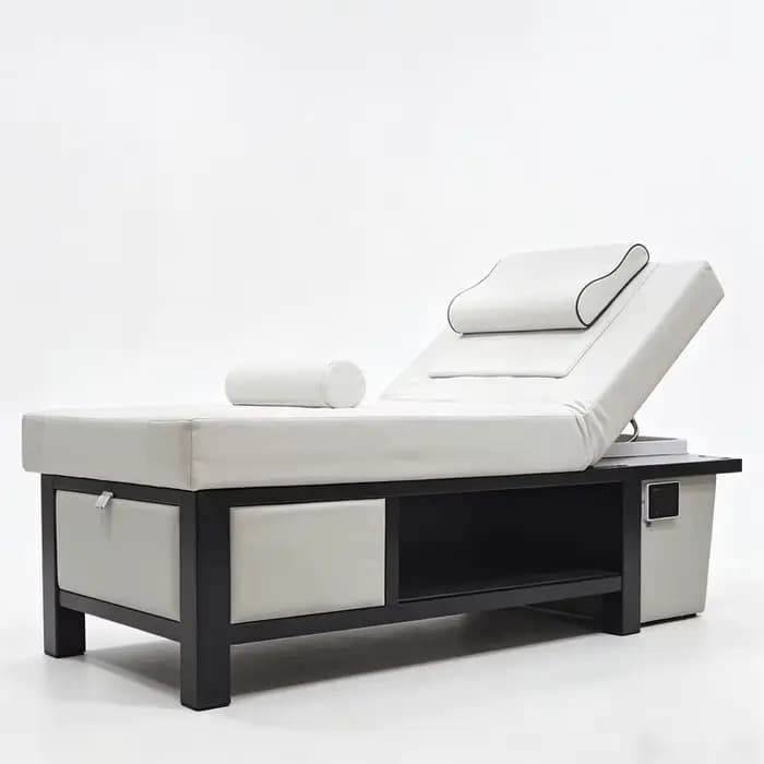 Lit de massage de luxe blanc 2026 avec tiroir de rangement et dossier réglable, multifonctionnel pour spa et salon.