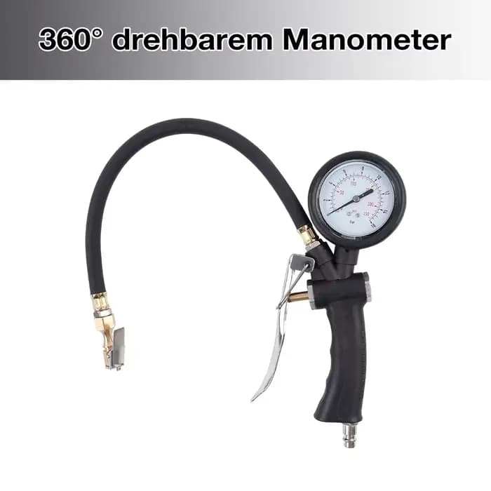 Pistolet de gonflage professionnel avec embout de gonflage, manomètre haute précision 0-230 psi, interface UE, utilisé pour gonfler et mesurer la pression des pneus de voitures et de motos.