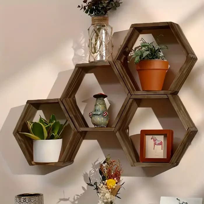 Étagère murale flottante hexagonale, support de rangement hexagonal - Pour les amateurs de décoration intérieure - Cadeau idéal - Convient pour la salle de bain, la chambre à coucher