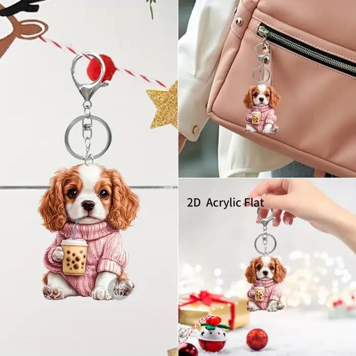 Porte-clés pendentif Cavalier King Charles épagneul, ornement plat en acrylique 2D pour chiot, décoration suspendue pour voiture, sacs, festif, fête, cadeau