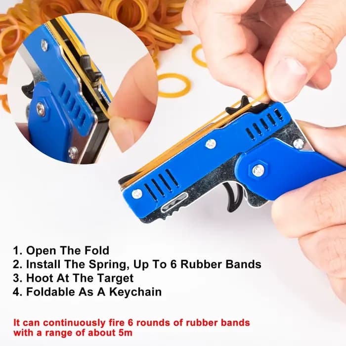Pistolet à élastique en alliage, Mini pistolet jouet pliable, porte-clés, prise de vue rapide, 6 caoutchoucs, pistolet jouet, livré avec des élastiques