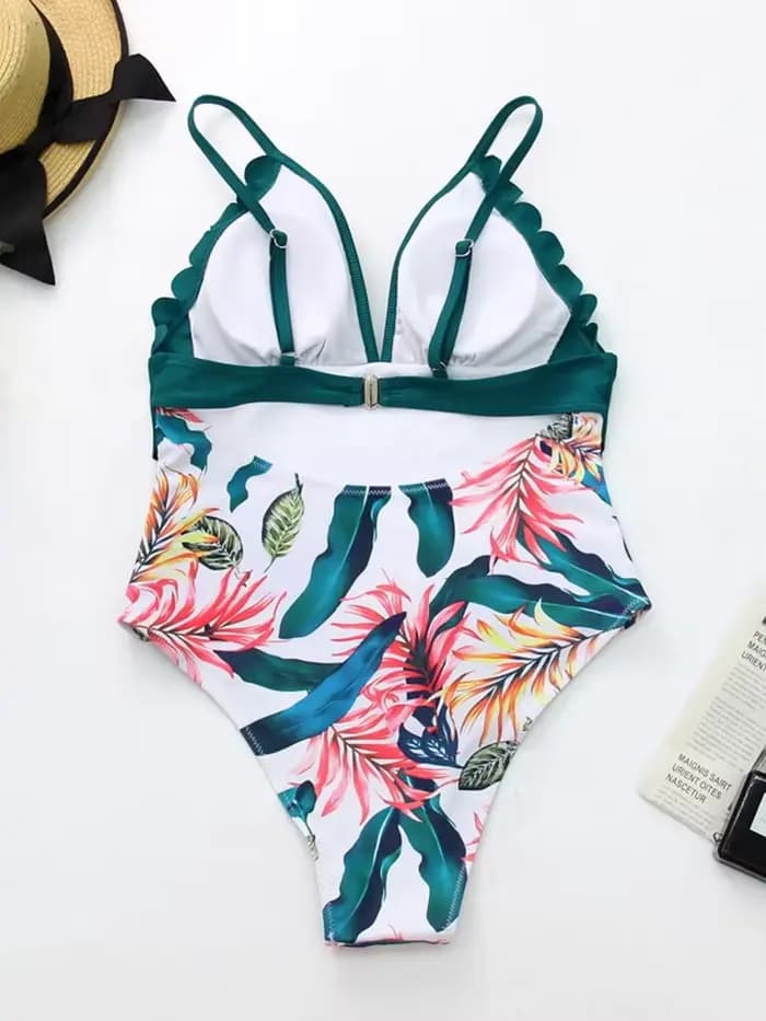 Maillot de bain une pièce taille haute, sexy, col en v, push up, col licou, garniture festonnée, vêtements de plage, monokini brésilien