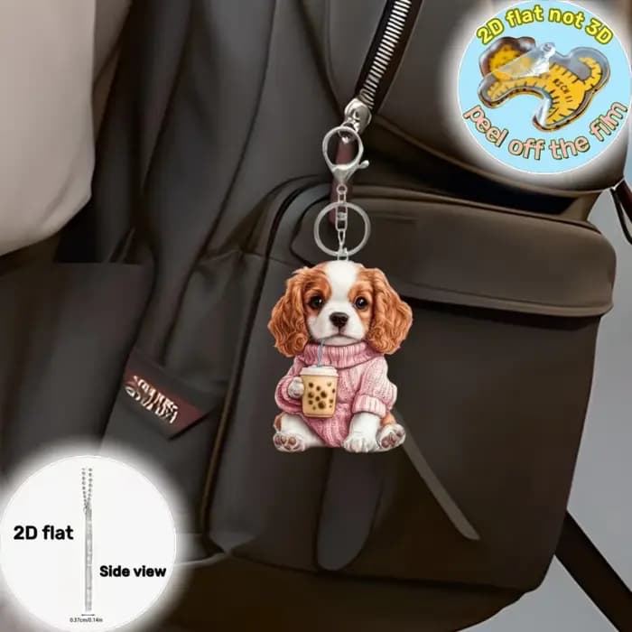 Porte-clés pendentif Cavalier King Charles épagneul, ornement plat en acrylique 2D pour chiot, décoration suspendue pour voiture, sacs, festif, fête, cadeau
