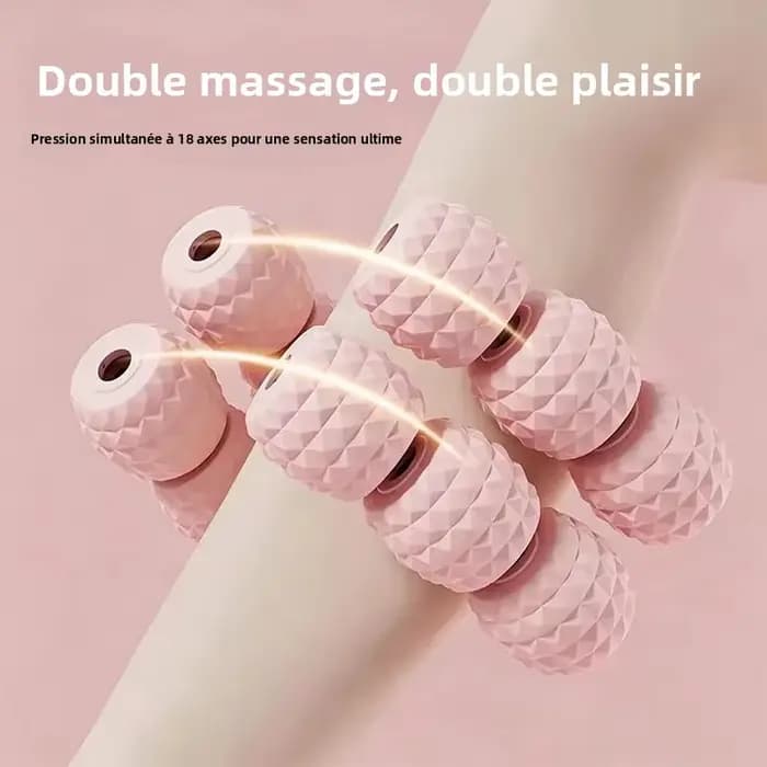 Rouleau de massage ergonomique à 18 roues pour soulagement des tissus profonds