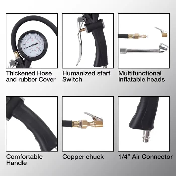 Pistolet de gonflage professionnel avec embout de gonflage, manomètre haute précision 0-230 psi, interface UE, utilisé pour gonfler et mesurer la pression des pneus de voitures et de motos.