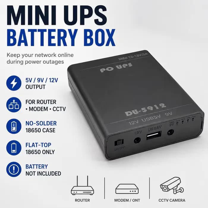 Boîtier d'alimentation de secours pour caméra de surveillance, mini-onduleur DIY 3 emplacements 18650 avec sorties 5V, 9V, 12V pour routeur, modem et appareil de vidéosurveillance