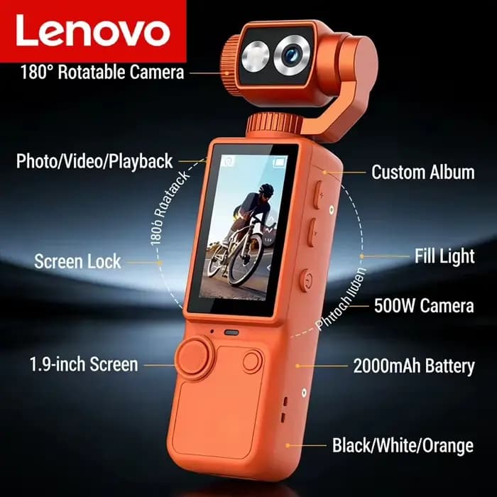 Caméra sportive portable Lenovo HD Wifi, mini caméra sportive pour moto et vlogging, idéale pour les voyages et la conduite à vélo.