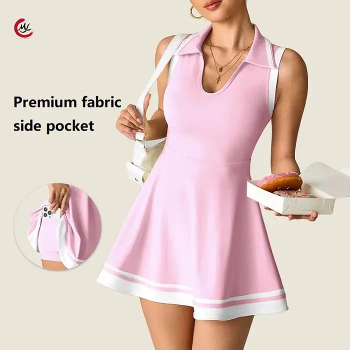 Robe de Tennis sans manches pour femmes, Polo, col en V, robes de sport avec courte et poche, jupes d'entraînement respirantes et décontractées pour dames