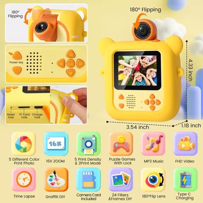Appareil photo instantané pour enfants, 7 feuilles de papier photo, écran 2,4 pouces, appareil photo instantané 1080P 180 ° Caméra vidéo avec objectif rotatif et impression photo couleur