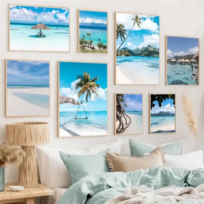 Affiche de paysage du paradis bleu de polynésie, peinture murale nordique sur toile d'art de mer et d'océan, image d'été pour décoration de maison