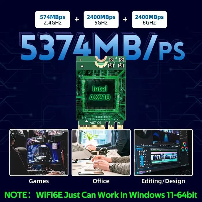 Adaptateur sans fil WiFi 6E AX210NGW NGFF, Bluetooth 5.3, WiFi6, 5374Mbps, 2.4G/5G/6GHz, 802.11AX, pour ordinateur de bureau/ordinateur portable, Win10/11