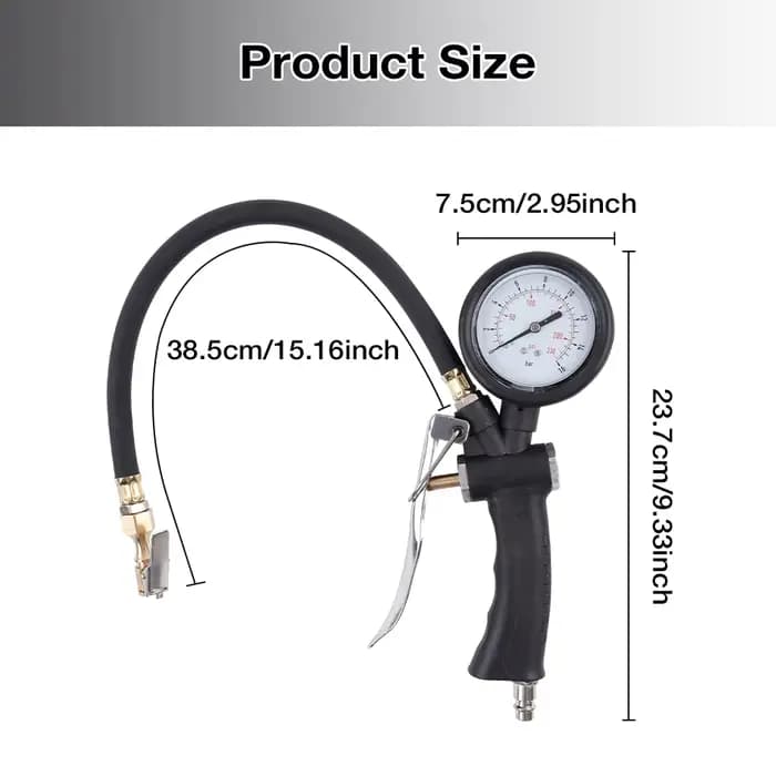 Pistolet de gonflage professionnel avec embout de gonflage, manomètre haute précision 0-230 psi, interface UE, utilisé pour gonfler et mesurer la pression des pneus de voitures et de motos.