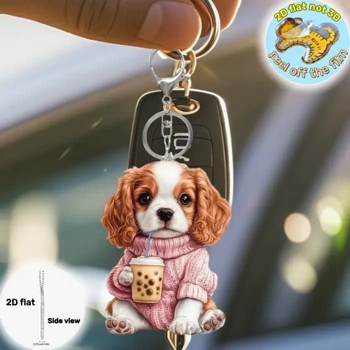 Porte-clés pendentif Cavalier King Charles épagneul, ornement plat en acrylique 2D pour chiot, décoration suspendue pour voiture, sacs, festif, fête, cadeau