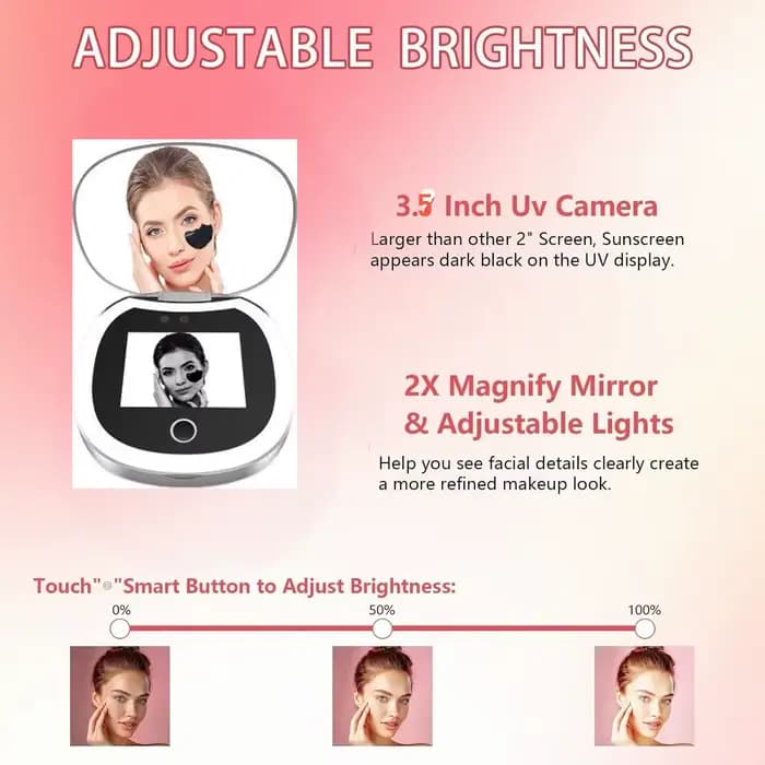Miroir Compact de voyage avec caméra UV, grossissement 2X miroir UV Portable avec lumières vérificant le miroir de maquillage LED de protection solaire pour le visage