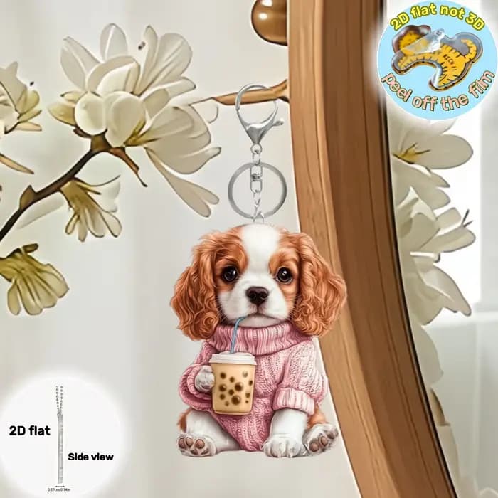 Porte-clés pendentif Cavalier King Charles épagneul, ornement plat en acrylique 2D pour chiot, décoration suspendue pour voiture, sacs, festif, fête, cadeau