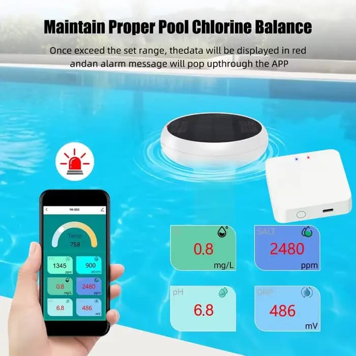 Testeur de qualité de l'eau solaire flottant pour piscine, compatible Tuya ZigBee, 7 en 1 (pH/ORP/EC/TDS/Sel/Température/Chlore) pour spa