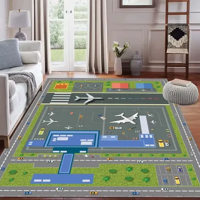Tapis de piste d'aéroport, thème d'avion, décoration de la maison, tapis de jeu éducatif antidérapant pour enfants, avec conception de Terminal