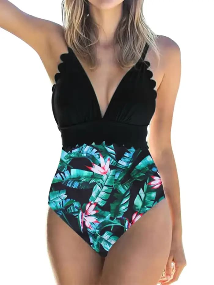 Maillot de bain une pièce taille haute, sexy, col en v, push up, col licou, garniture festonnée, vêtements de plage, monokini brésilien